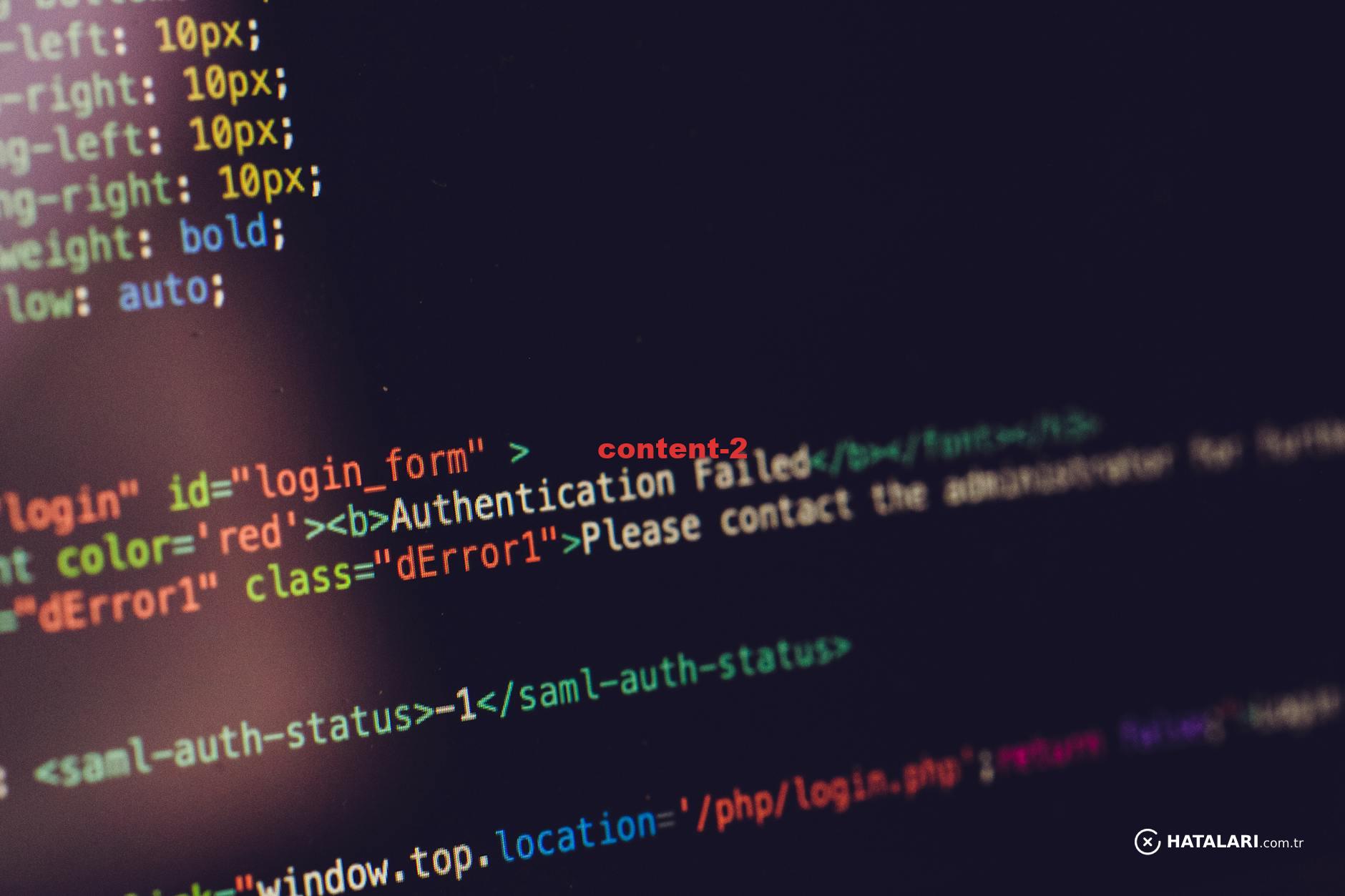 Close view of computer screen displaying HTML code with an authentication error.