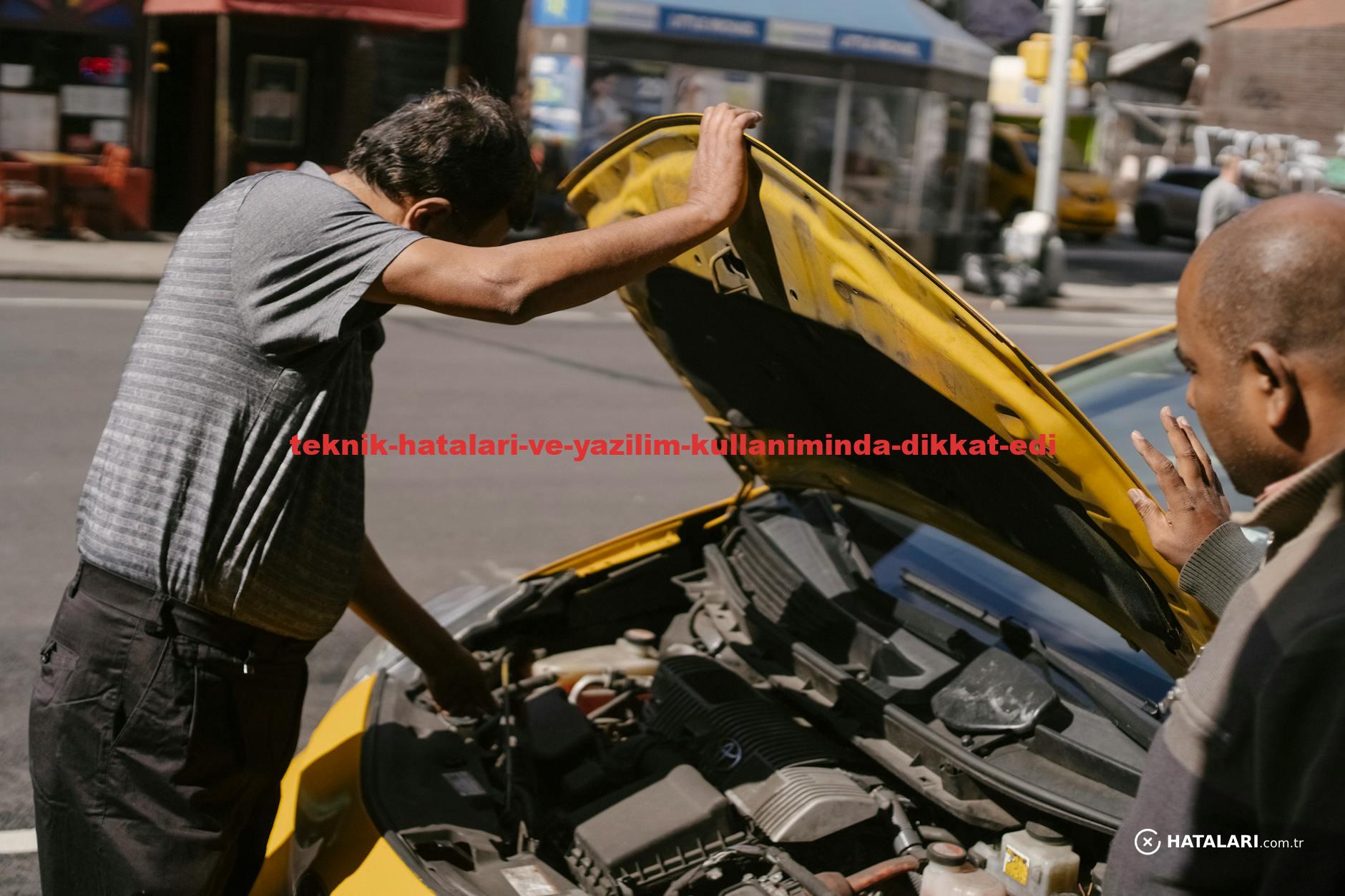 Two mechanics checking engine issues with a car on a busy urban street.