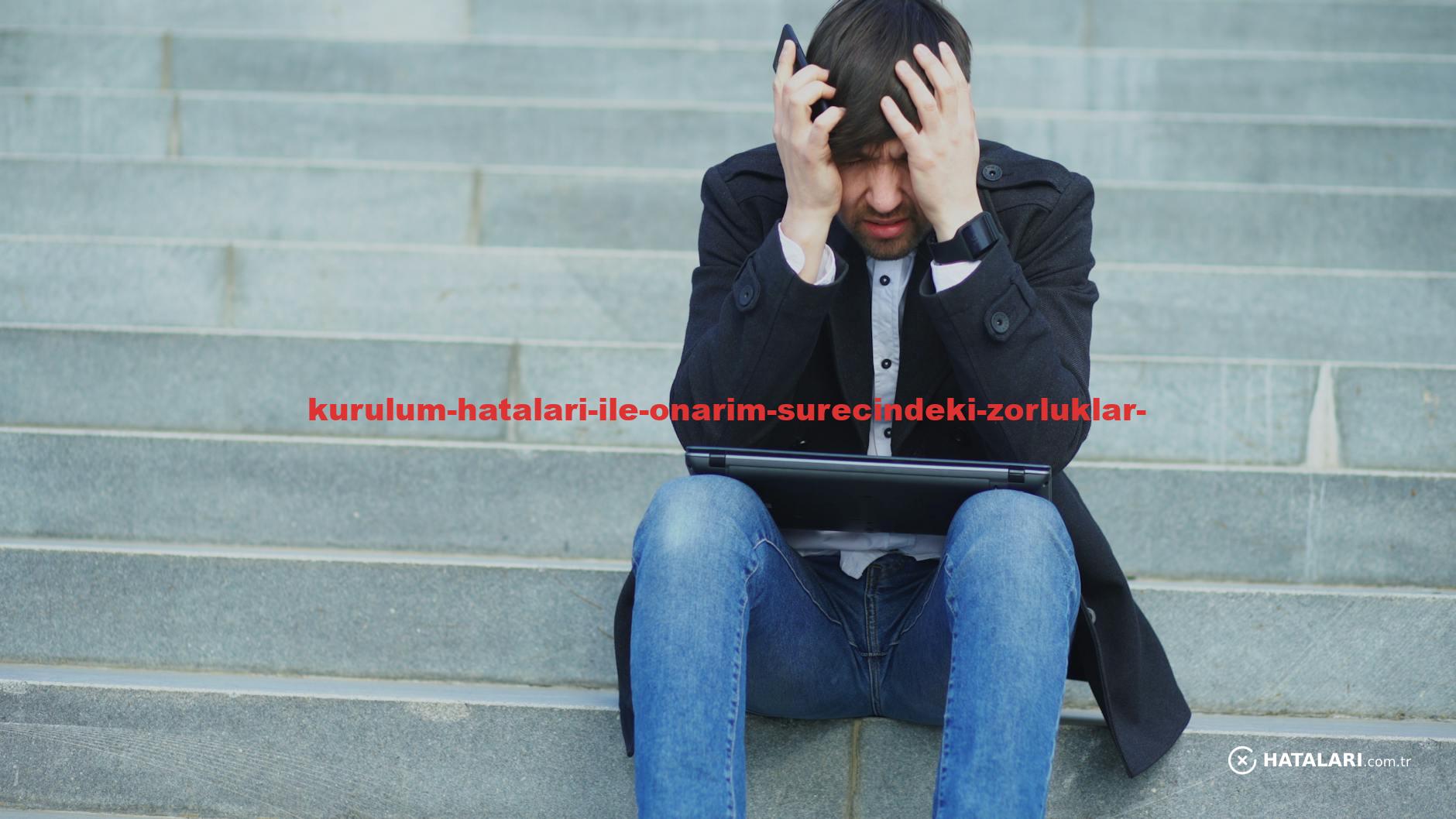 Man sitting on stairs with laptop, looking stressed and frustrated.