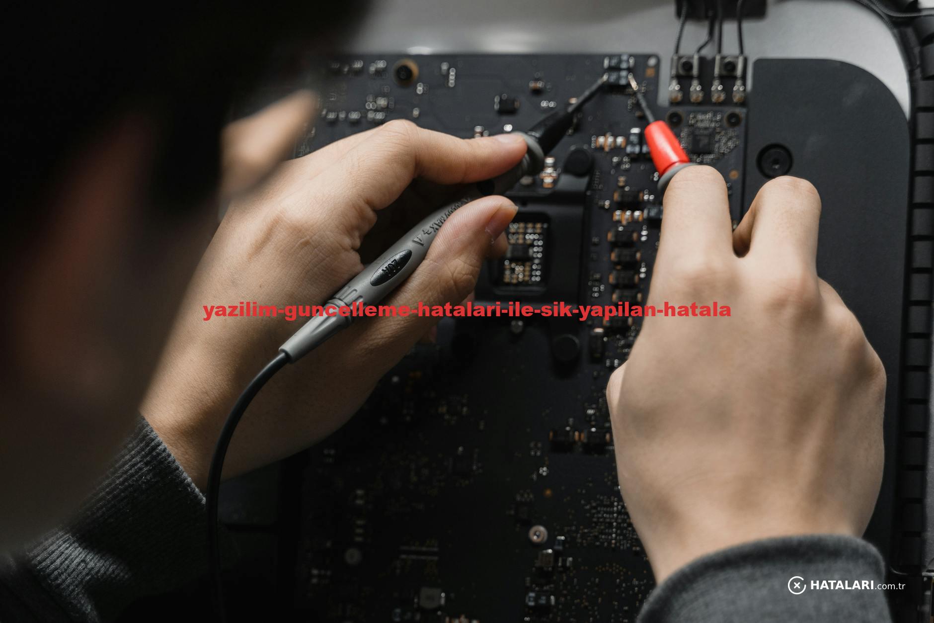 Close-up of hands repairing a circuit board using a soldering iron, emphasizing technical skill.